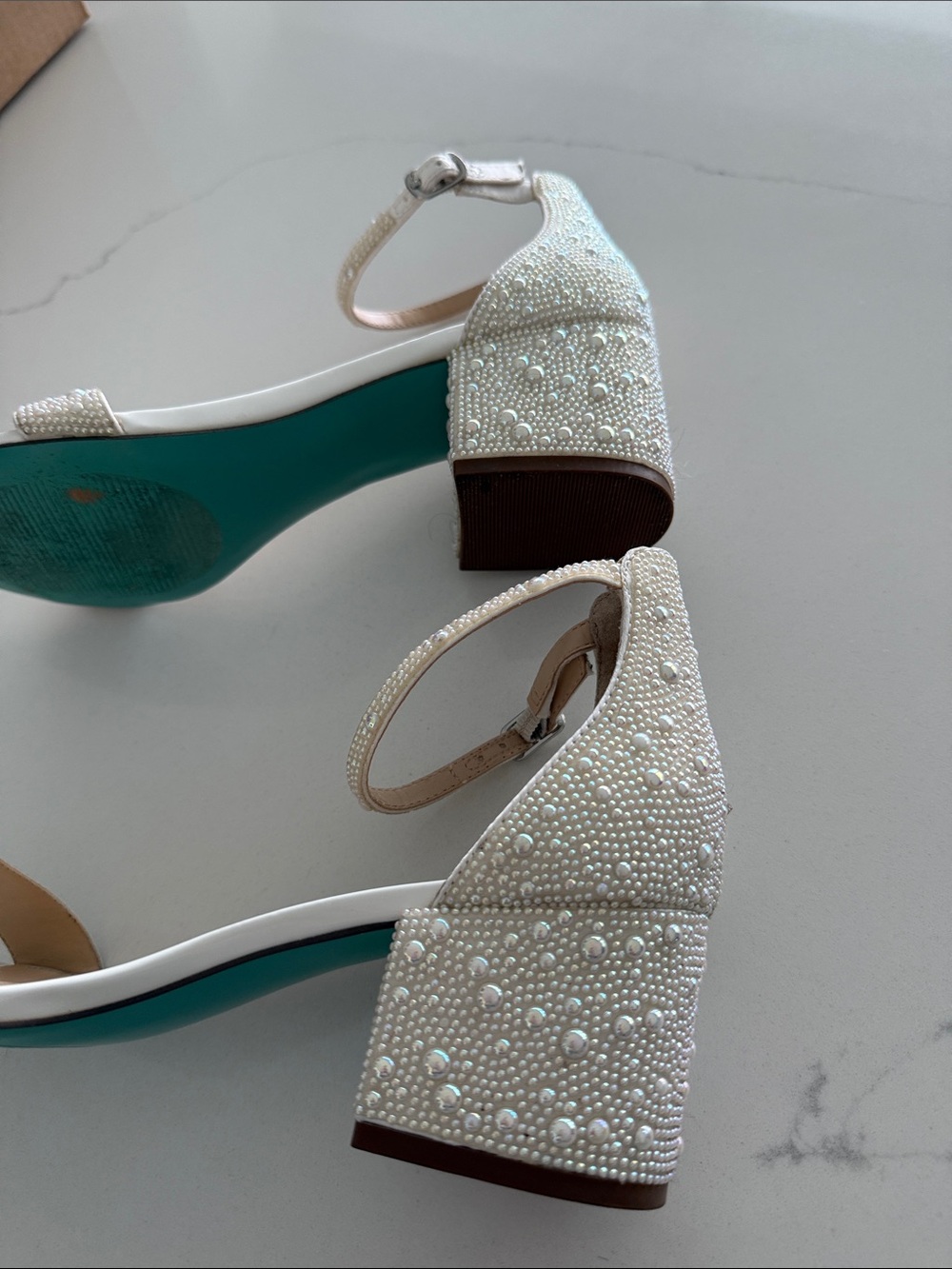 Betsey Johnson White Pearl-Embellished Block Heel Sandals - Picture 3 of 4
